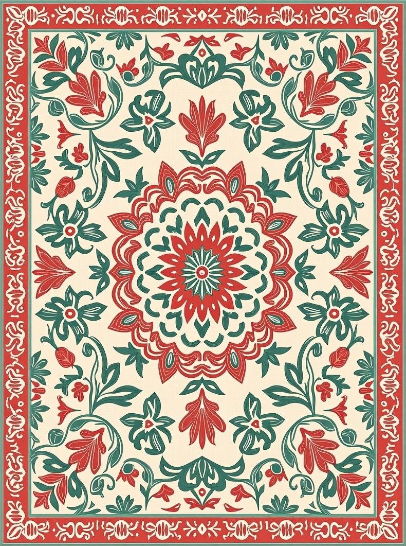 Red Green Floral Mandala Pattern Rug
