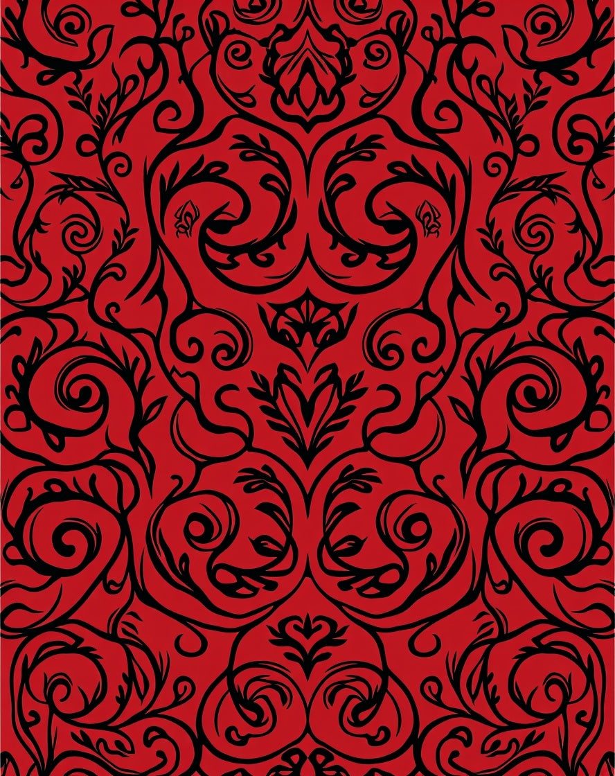 Classic Red Black Swirling Vine Pattern Rug