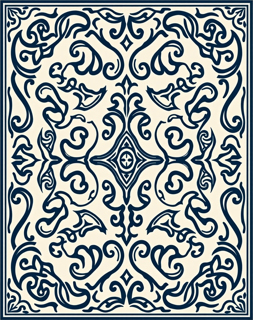 Dark Blue Scrollwork Abstract Pattern Rug