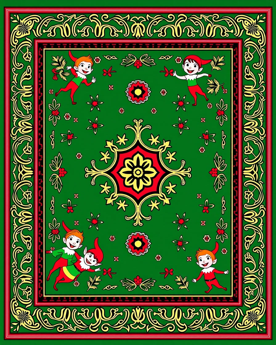 Green Red Yellow Elf Holiday Border Rug
