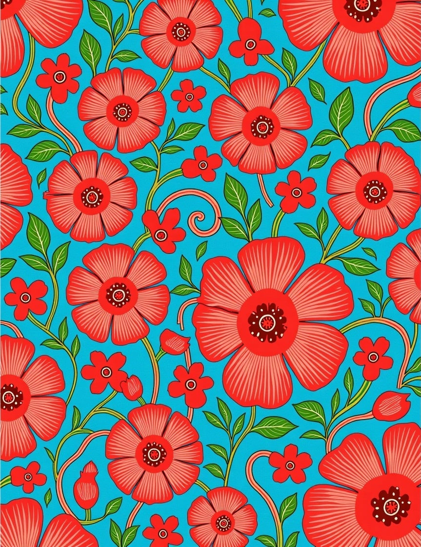 Bold Red Floral Vines on Aqua Rug