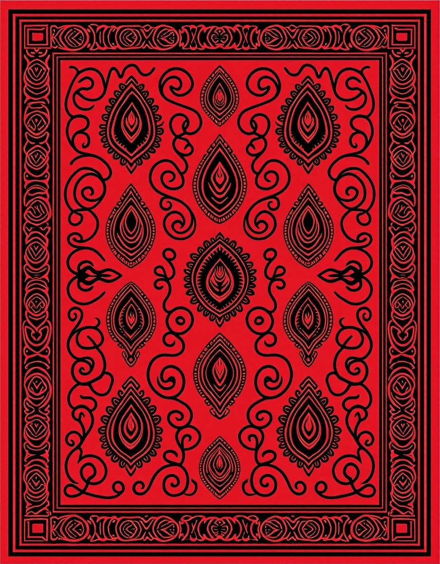 Red Black Ornate Paisley Rug