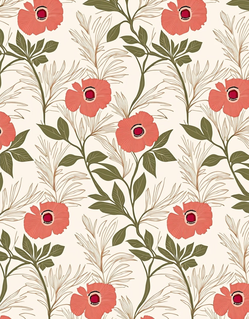 Coral Orange Floral Botanical Pattern Rug