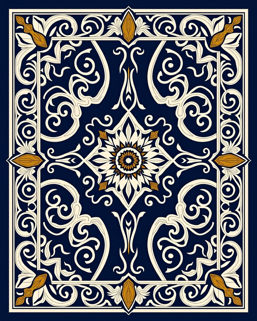 Intricate Dark Blue Floral Ornamental Design Rug
