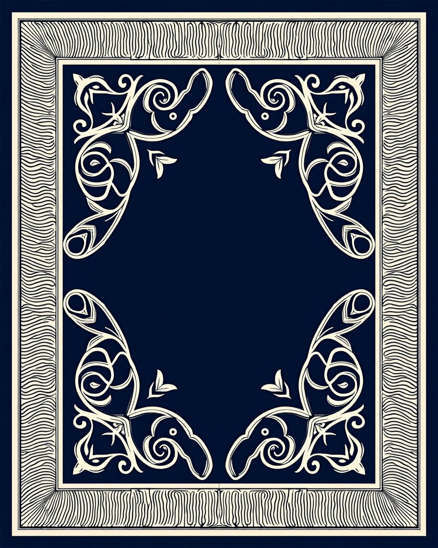 Navy Ivory Ornate Scroll Frame Rug