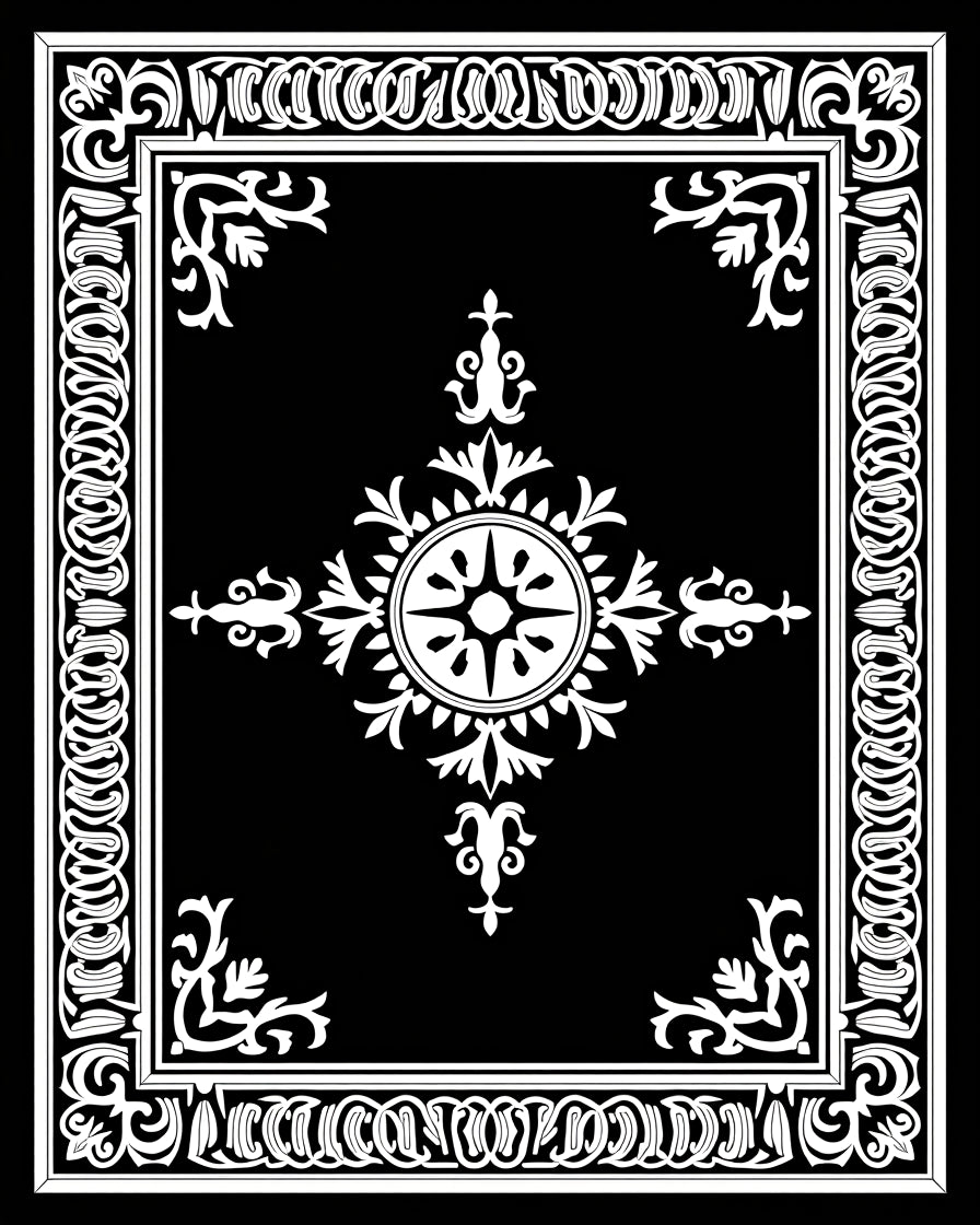 Classic Black White Ornate Floral Rug