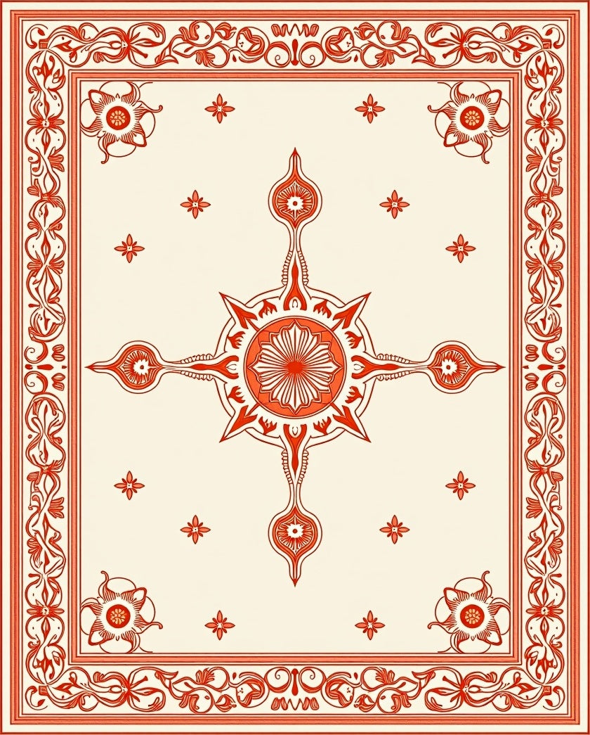Ornate Coral Floral Medallion Design Rug