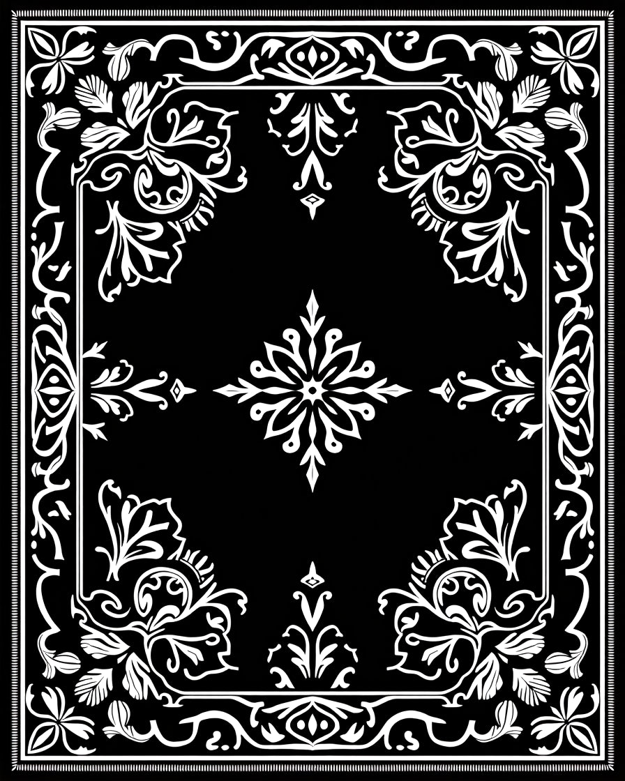 Ornate Black White Floral Border Rug