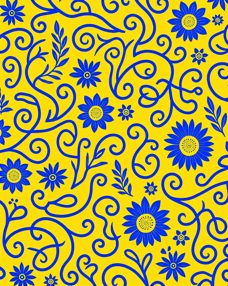 Blue Floral Swirls Yellow Pattern Rug