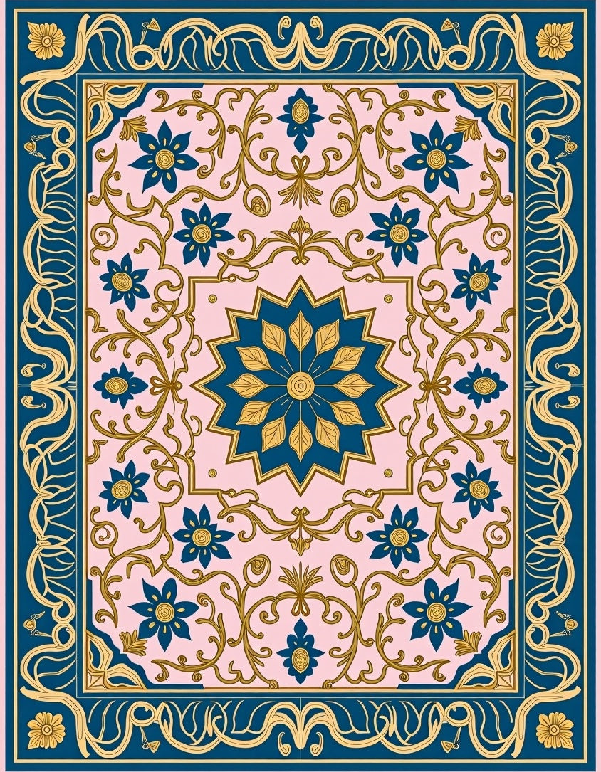 Teal Blue Floral Medallion Pink Rug