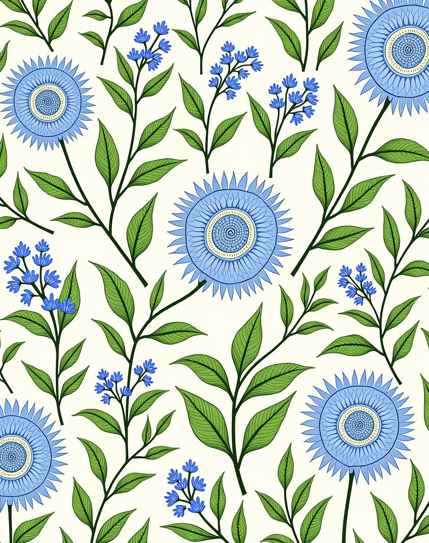 Blue Botanical Floral Pattern Rug