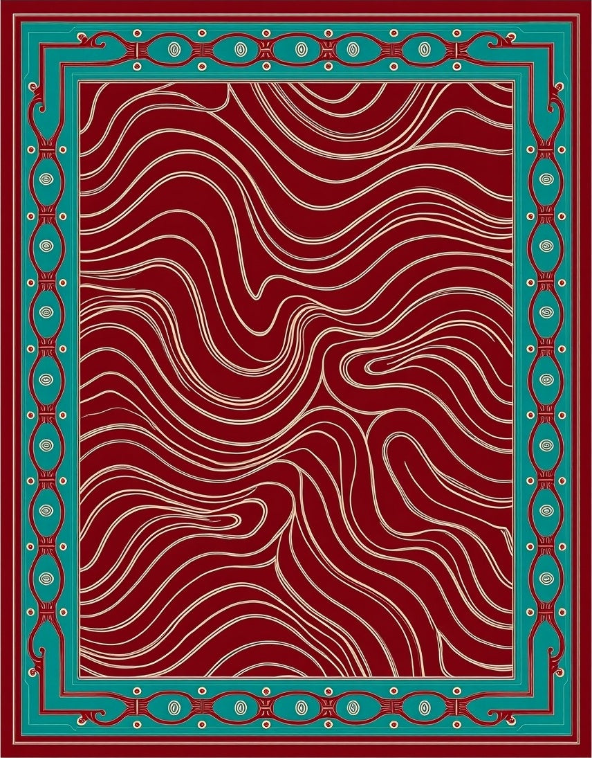 Deep Red Flowing Abstract Bordered Design Rug
