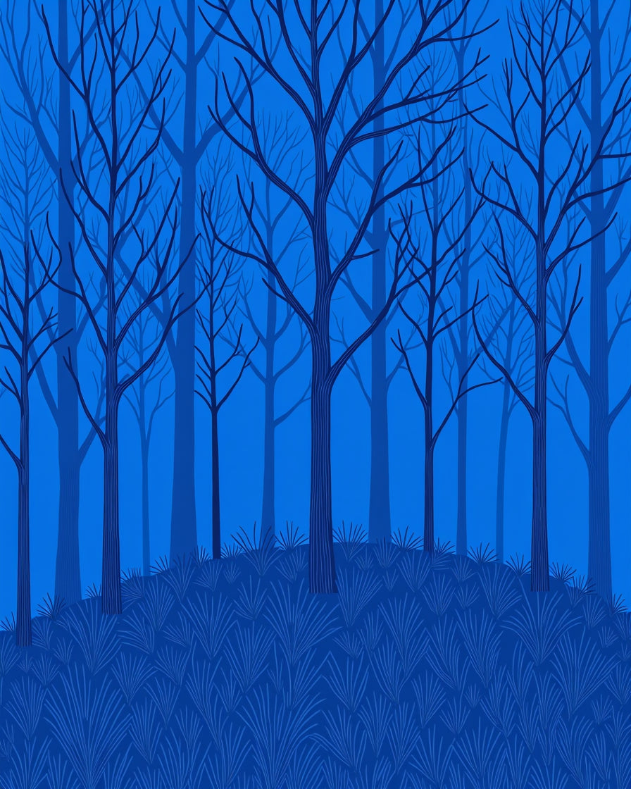 Deep Blue Trees Grass Pattern Rug