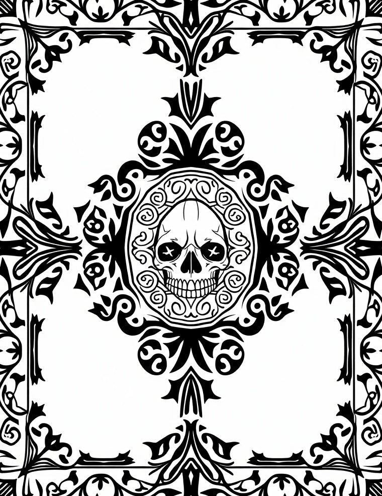 Edgy Black Skulls Ornate Scrollwork Rug