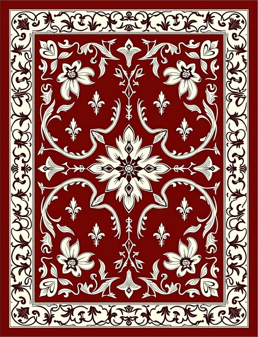 Rich Red Floral Scrollwork Garden Rug