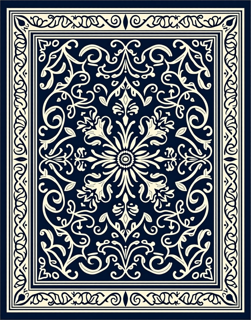 Deep Navy Cream Floral Scroll Design Rug