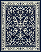 Deep Navy Cream Floral Scroll Design Rug
