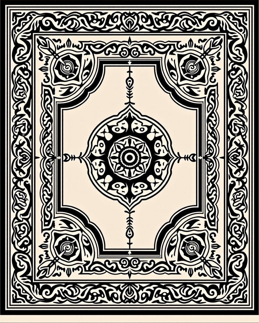 Classic Black Ivory Floral Mandala Design Rug