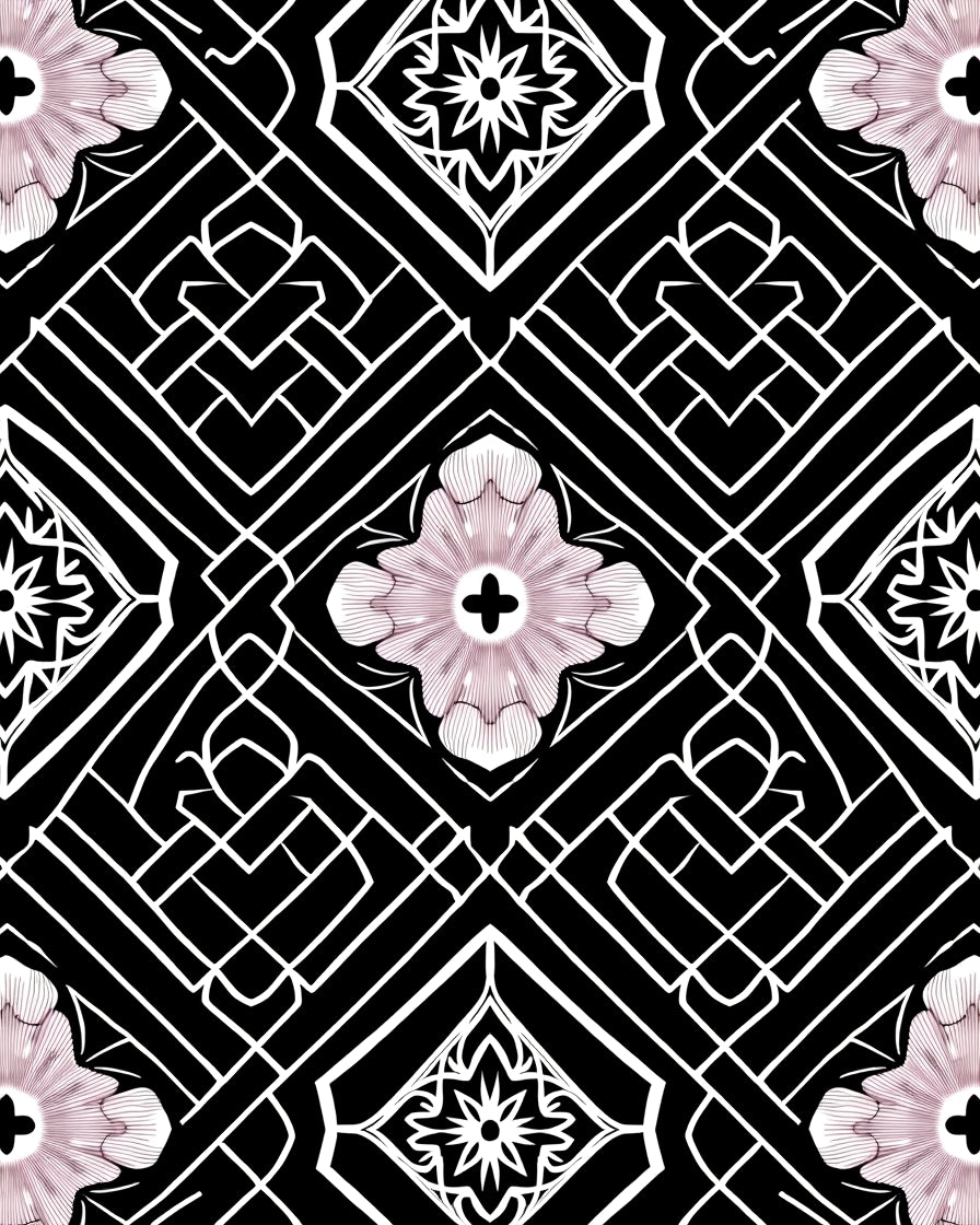 Art Deco Floral Geometric Black White Rug