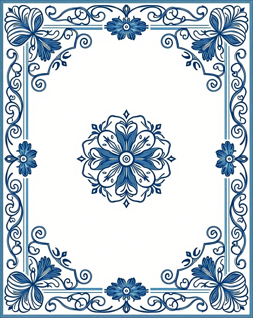 Elegant Blue Floral Mandala Border Rug