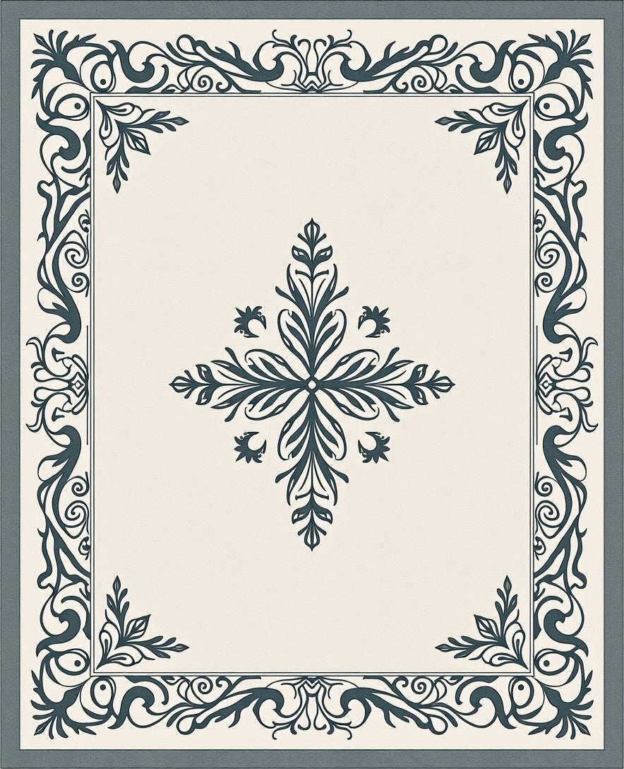 Ornate Floral Scrollwork Framed Rug