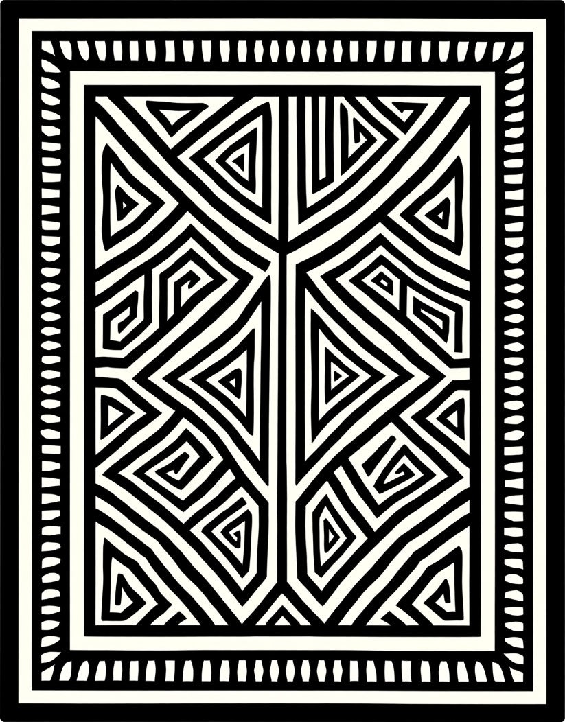 Modern Black White Geometric Maze Pattern Rug