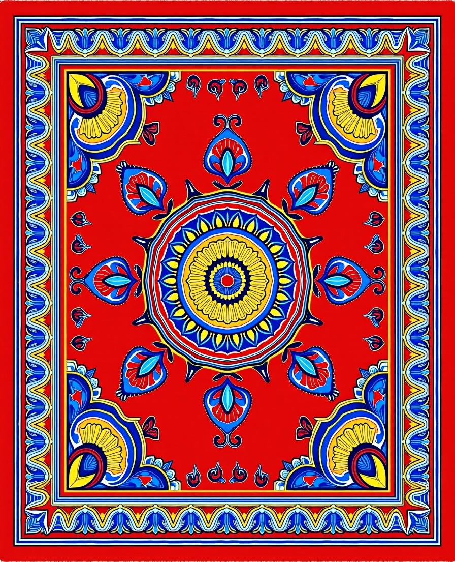 Bold Red Yellow Blue Floral Mandala Rug