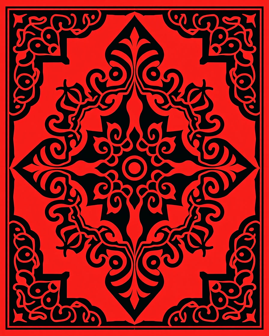 Bold Red Black Ornate Pattern Rug