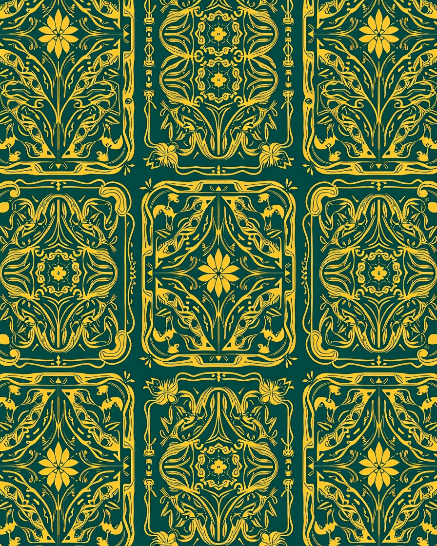 Golden Emerald Art Nouveau Floral Panels Rug