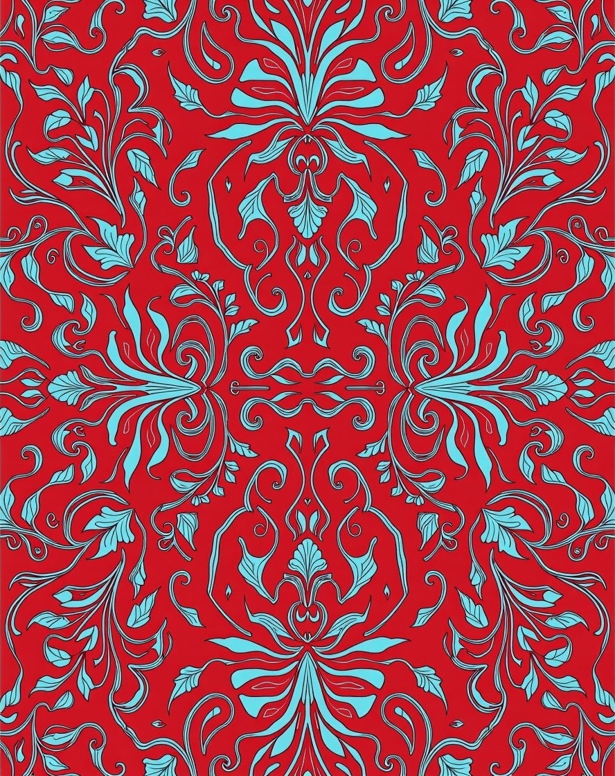 Elegant Red Teal Floral Pattern Rug