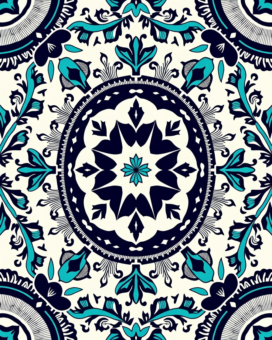 Intricate Teal Floral Mandala Pattern Rug