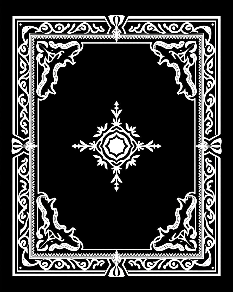 Elegant Black White Floral Scroll Frame Rug