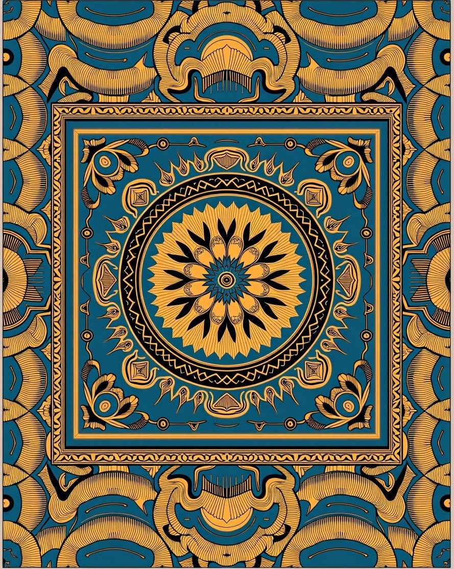 Bold Teal Gold Mandala Pattern Design Rug