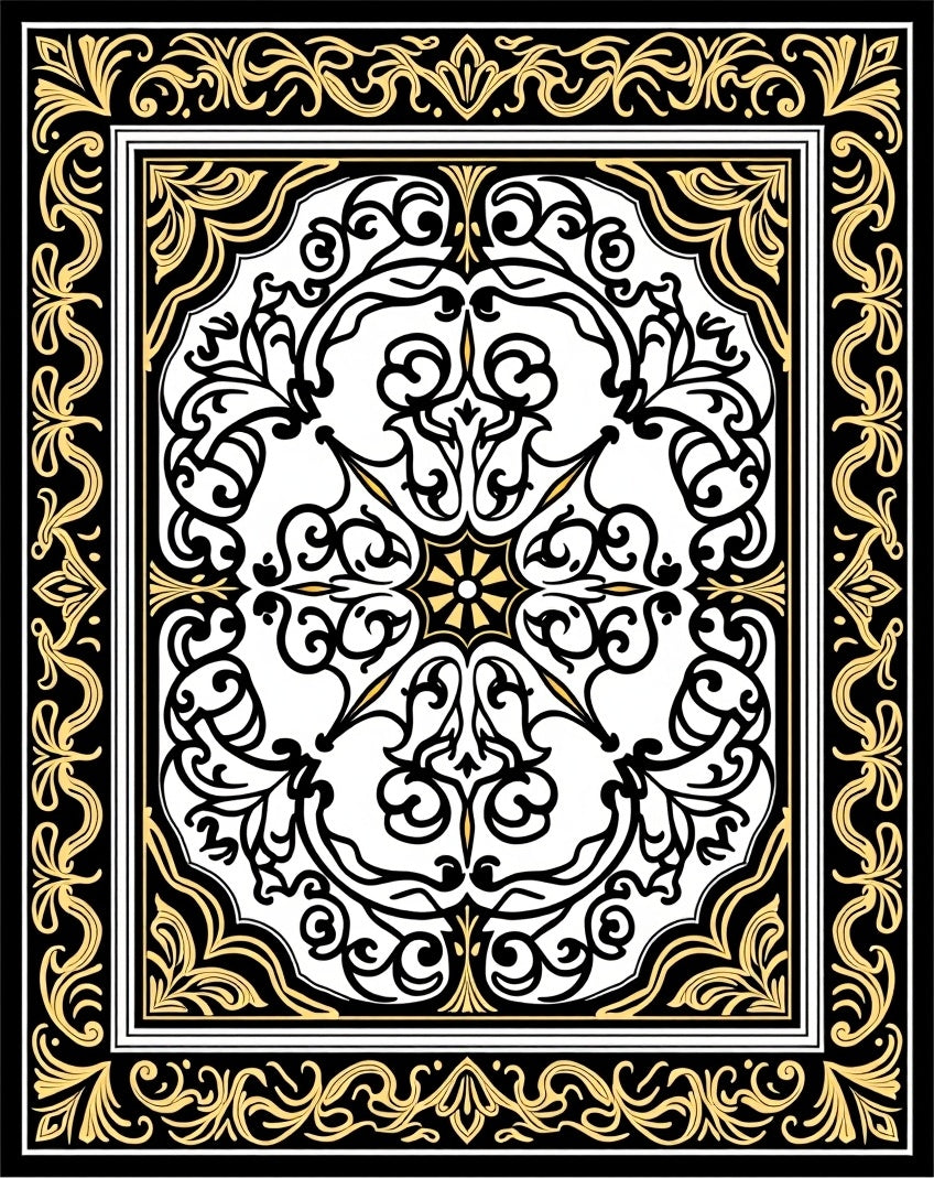 Ornate Black Gold Scrollwork Design Rug