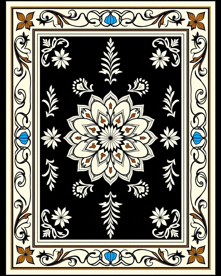 Classic Floral Mandala With Geometric Border Rug