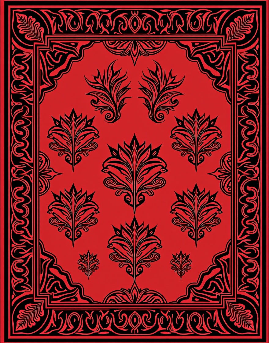 Bold Floral Pattern Red Black Rug