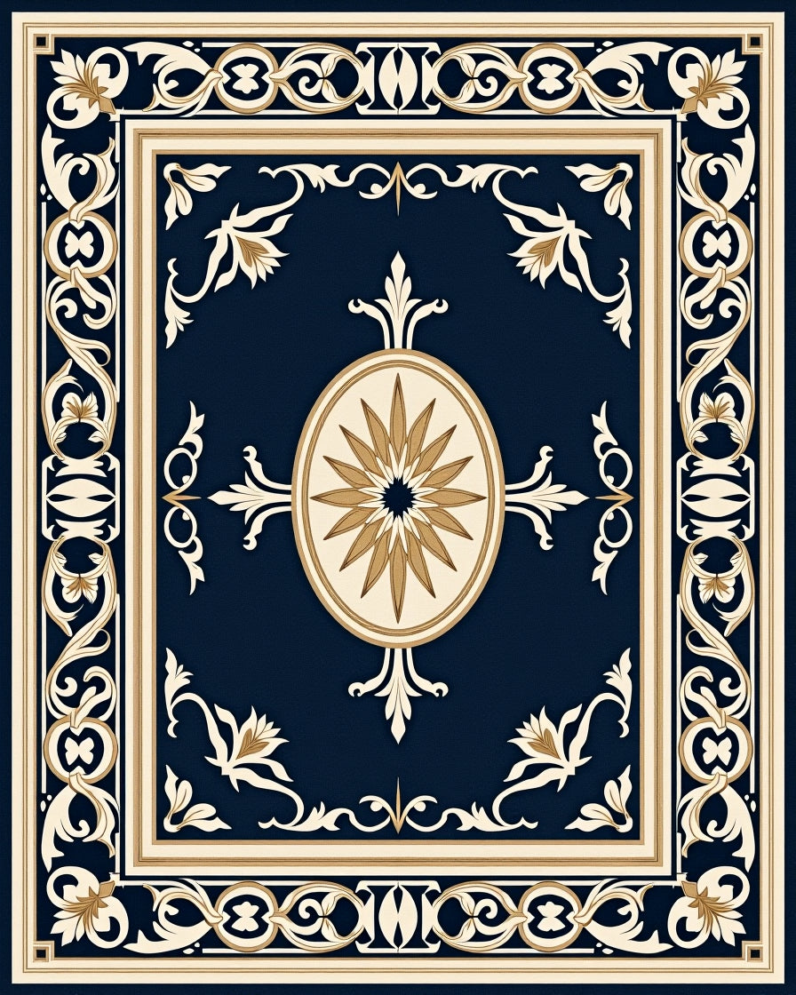 Ornate Floral Bordered Navy Rug