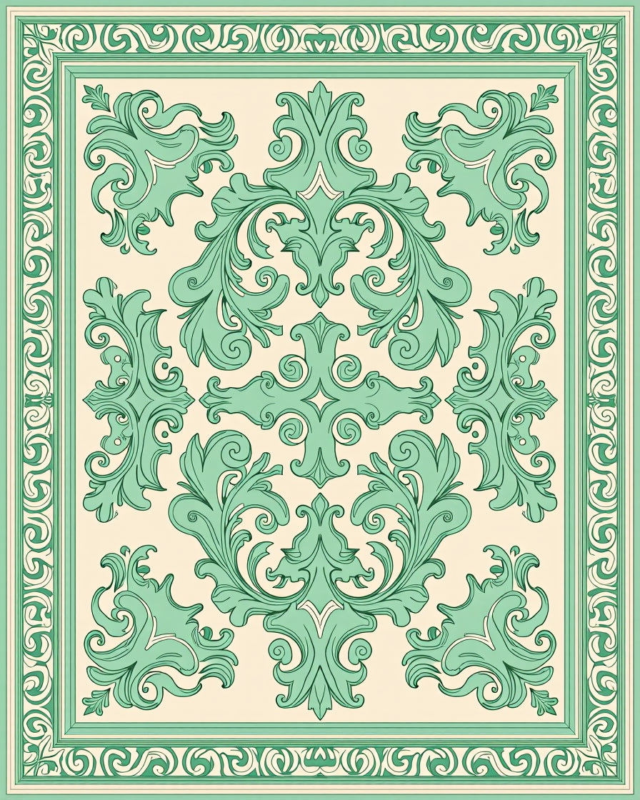 Ornate Floral Scrollwork Green Pattern Rug