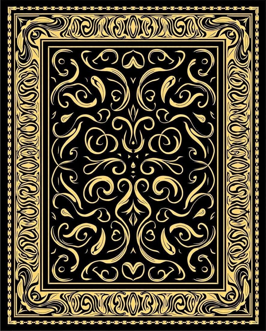Ornate Abstract Golden Swirl Pattern Rug