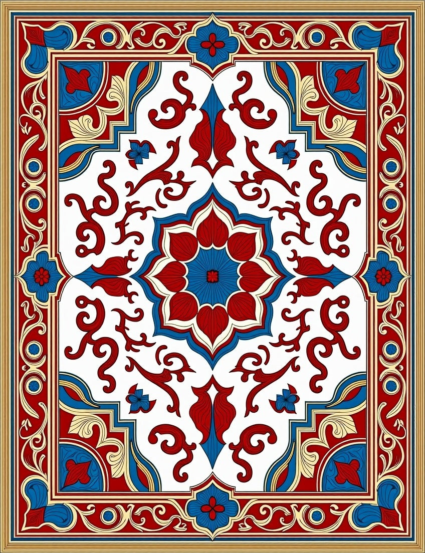 Red Blue Geometric Floral Repeating Pattern Rug