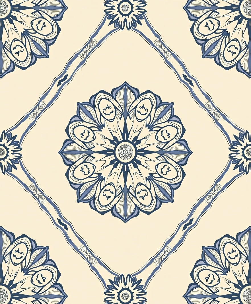Floral Medallion Cream Blue Pattern Rug