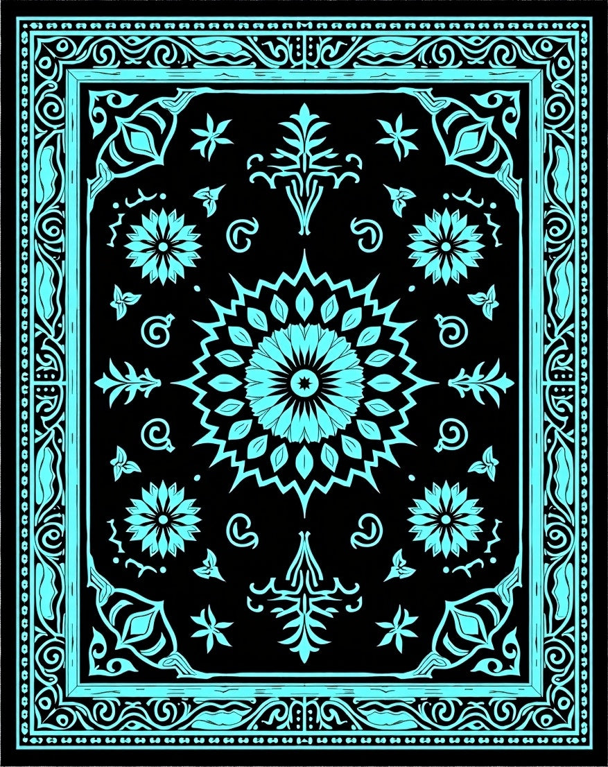 Cyan Floral Mandala Pattern Rug