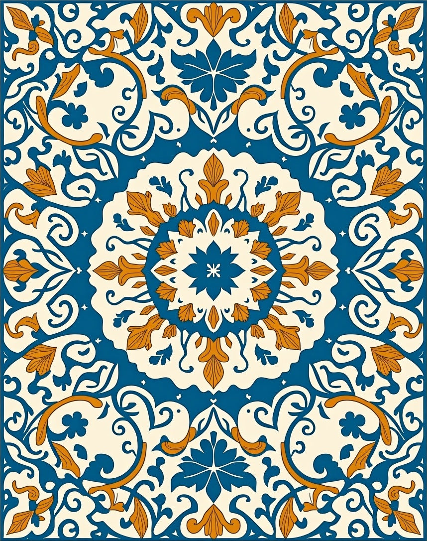 Blue Orange Floral Medallion Rug