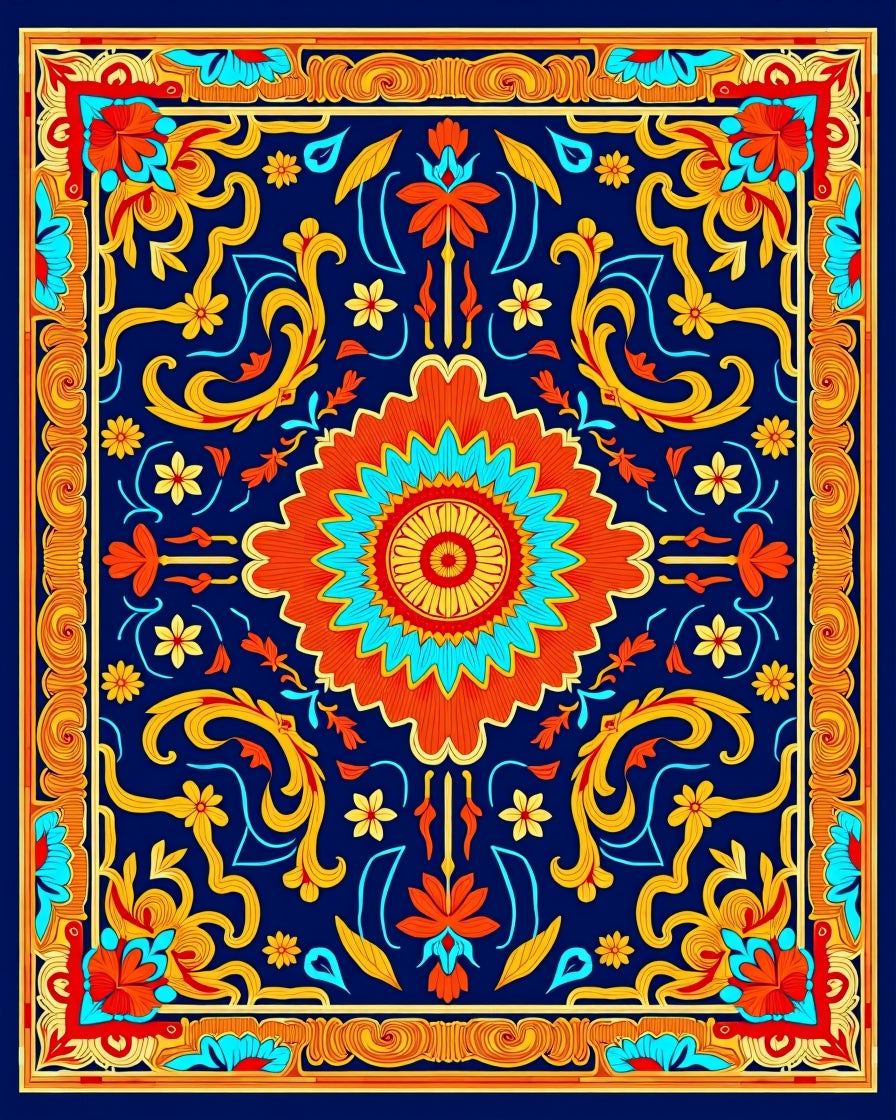 Vibrant Floral Scrollwork Mandala Rug