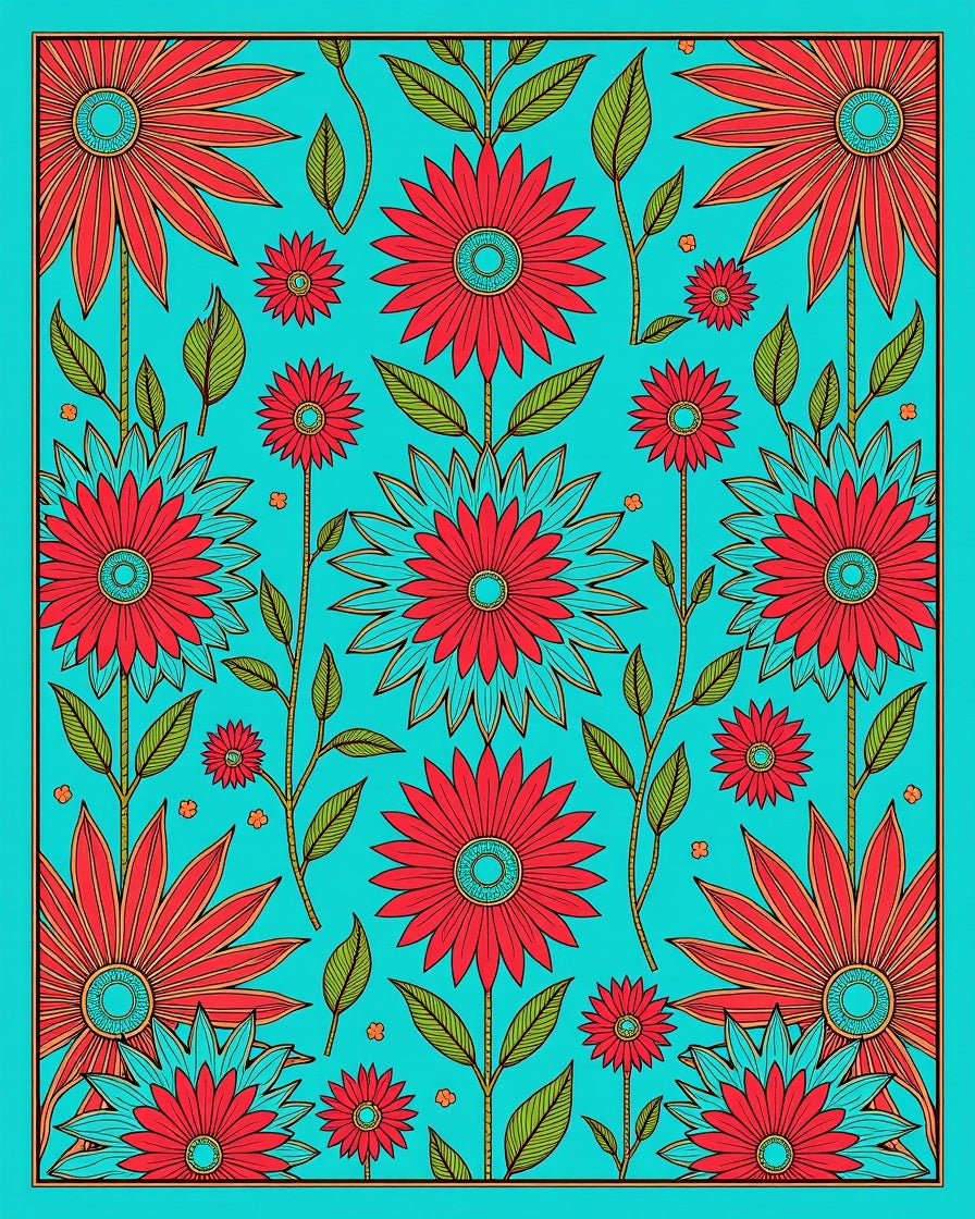 Vibrant Red Flower Patterned Teal Rug