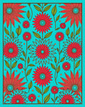 Vibrant Red Flower Patterned Teal Rug