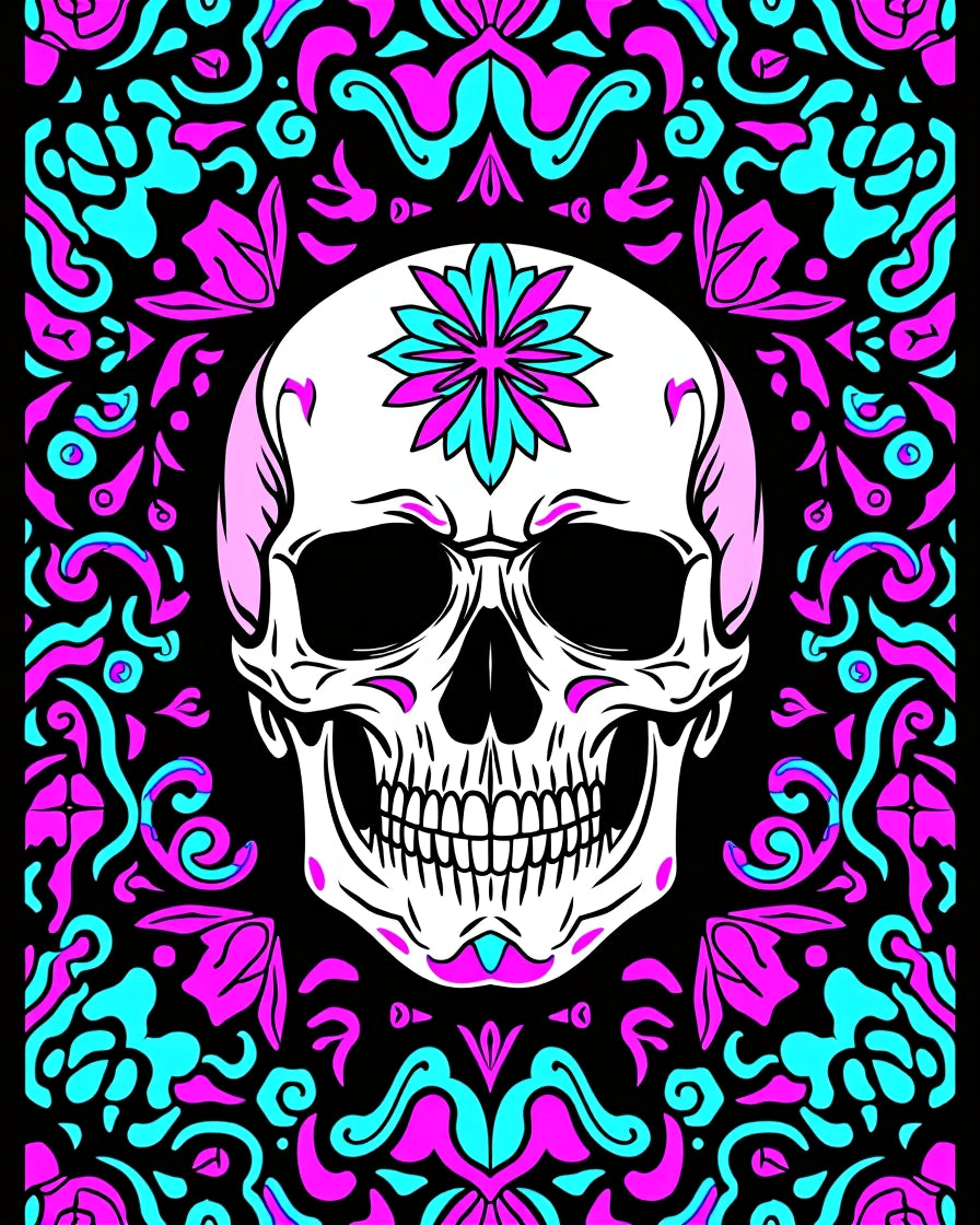 Skull With Vibrant Floral Border Rug