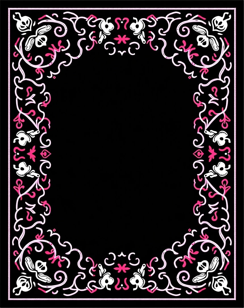 Elegant Black Pink Floral Scroll Framework Rug