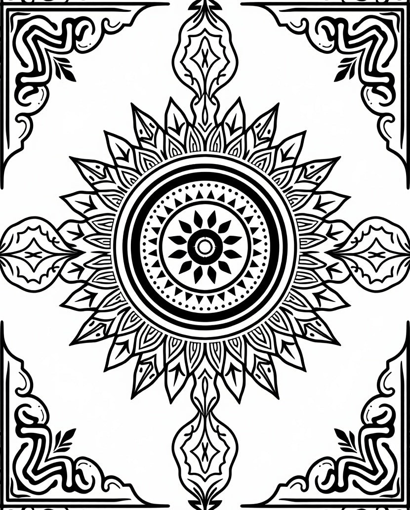 Mandala Style Graphic Black White Rug