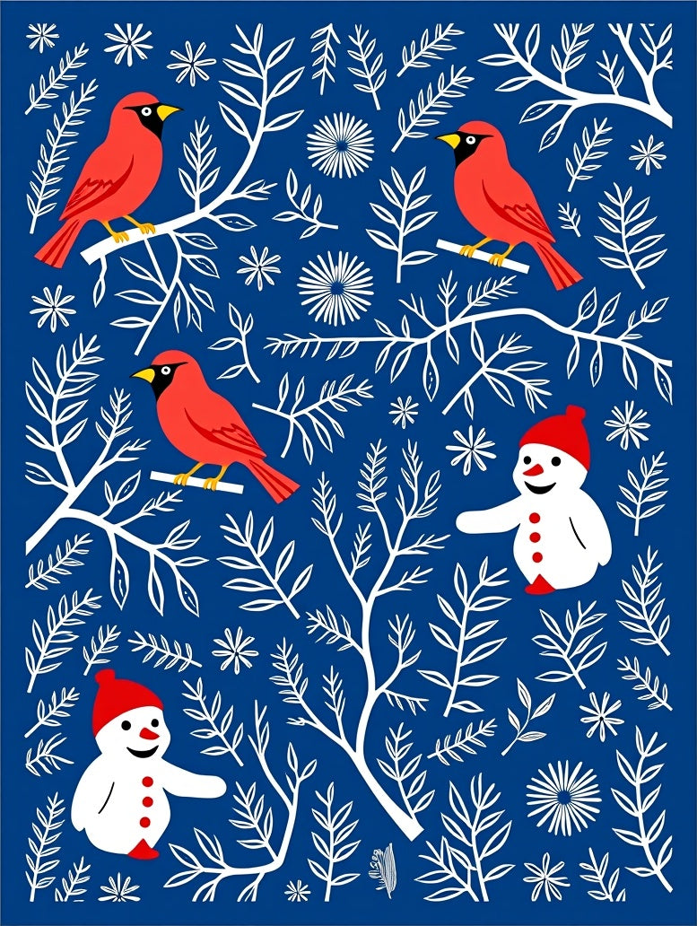 Crimson Cardinals Snowman Winter Branches Rug